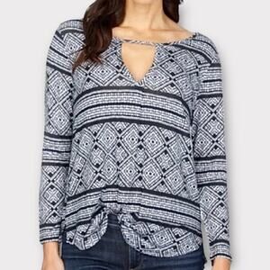 Lucky Brand Womens Blouse Size M Mosaic Geo Stripe Cutout Navy Blue Boho Top